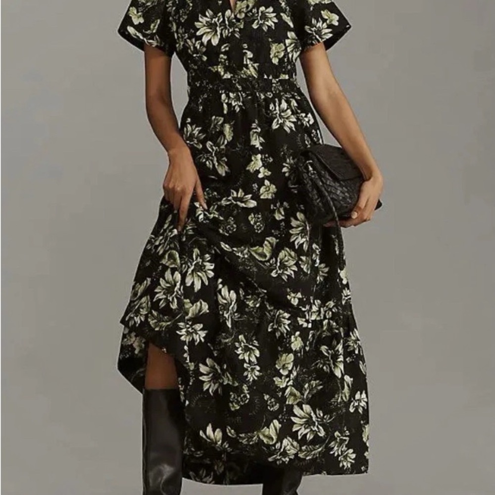 Anthropologie Somerset Maxi Dress Womens XS Black Green Floral Pockets V-Neck